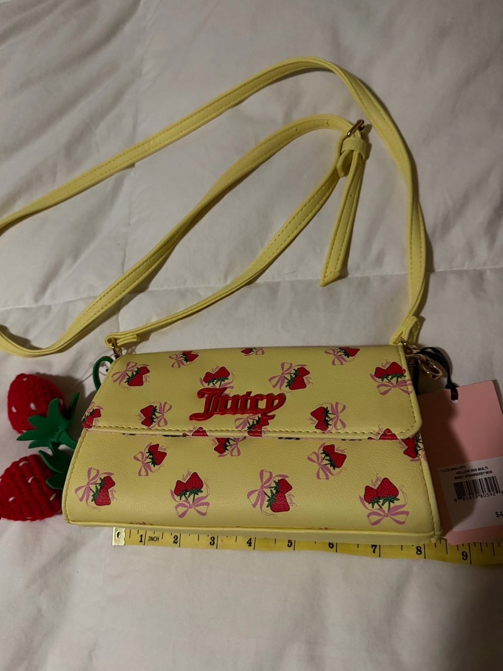 Juicy Couture Yellow Strawberry Print Crossbody Purse. New with tags.
